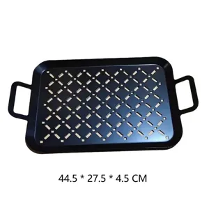 Detail view of the perforated 430 stainless steel BBQ grill tray with dual side handles