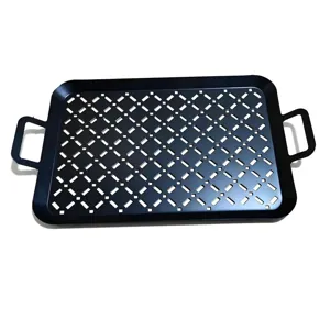 Professional black perforated stainless steel BBQ grill pan with dual handles for meat grilling
