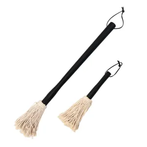 Set of two BBQ basting mops with long black wooden handles and cotton string heads