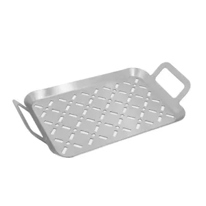 Detailed view of the 430 stainless steel rectangular BBQ grill pan with dual handles.
