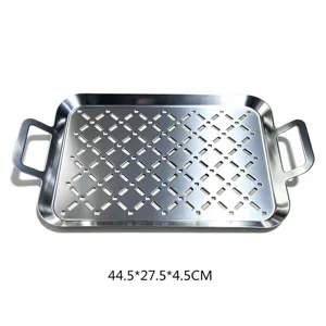 Rectangular 430 stainless steel BBQ grill basket with handles, 44.5x27.5x4.5cm detail