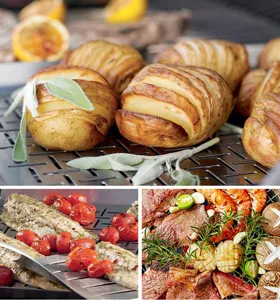 Detailed views of various foods grilling on a perforated 430 stainless steel BBQ tray