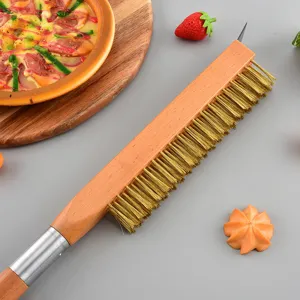 Brosse de nettoyage pour four à pizza en bois de hêtre avec poils en cuivre et grattoir en métal
