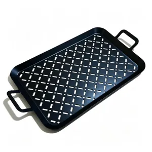 Black 430 stainless steel rectangular BBQ grill tray with double handles and perforated design