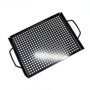 Plat à barbecue rectangulaire noir en acier inoxydable avec poignées pour le plein air