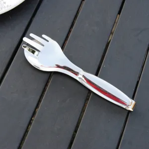 Professional close-up of durable stainless steel food tongs with fork and spoon head design