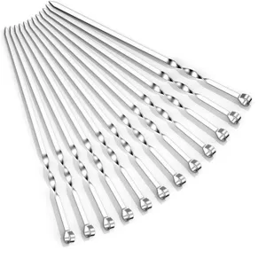Detailed view of 12-piece 45cm stainless steel flat BBQ skewers with twisted handle design