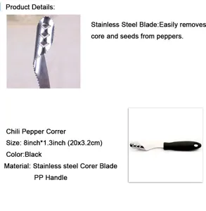 Stainless steel chili pepper corer with black PP handle, easy seed remover kitchen tool.