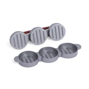 Detailed view of triple round burger patty press mold with grooved base and lid
