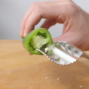 Close-up of stainless steel serrated corer tool removing seeds from a green chili