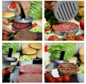 Four-step usage demonstration of a metal hamburger meat press with grilled results