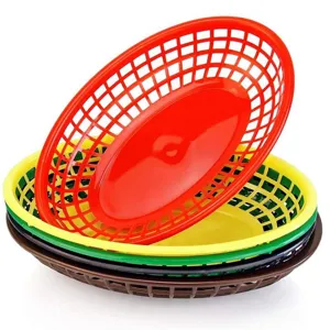 Stacked colorful oval plastic mesh baskets for restaurant snack and bread serving