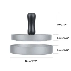 Detail view showing exact dimensions of a durable stainless steel burger press tool