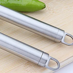 Detailed macro shot of stainless steel BBQ grill handles with integrated hanging loops