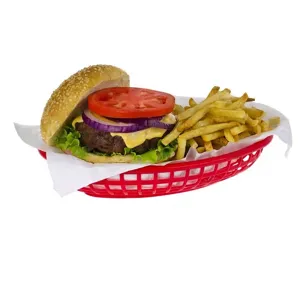 Food grade greaseproof wax paper lining a red plastic basket with burger and fries