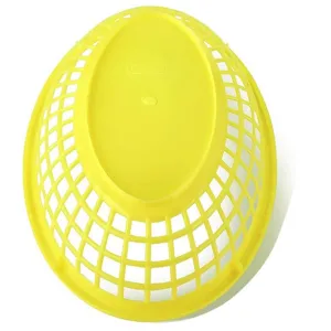 Bottom view of a yellow plastic mesh fast food basket showing reinforced grid structure
