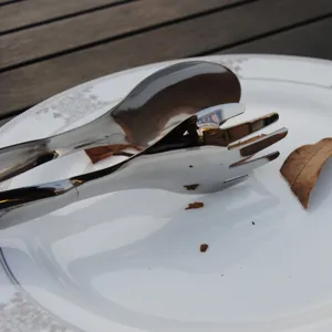 Elegant stainless steel salad tongs displayed on a decorative white ceramic plate