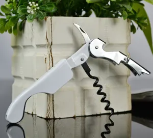 Close-up of a white professional seahorse wine corkscrew with serrated foil cutter