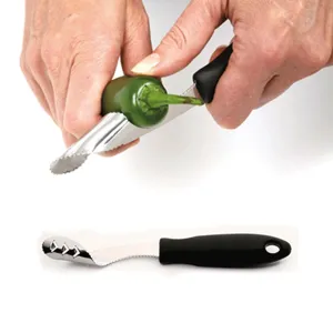 Stainless steel jalapeno pepper corer with black non-slip handle for kitchen use