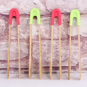 Natural Bamboo Food Tongs With Detachable Silicone Handle For BBQ Bread Salad Kitchen Cooking Serving Tools Heat Resistant Non-Slip