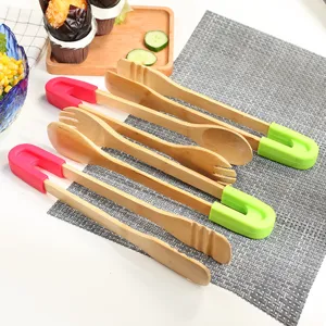 Versatile wooden food tongs with colorful silicone grips for BBQ salad and bread serving
