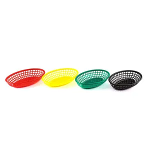 Row of colorful plastic oval baskets for fast food and desktop storage in four colors