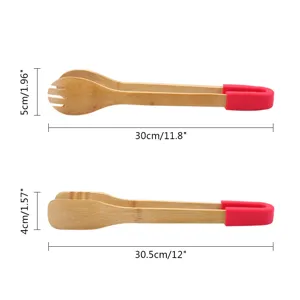 Detailed size specifications for bamboo kitchen food tongs with red silicone handles