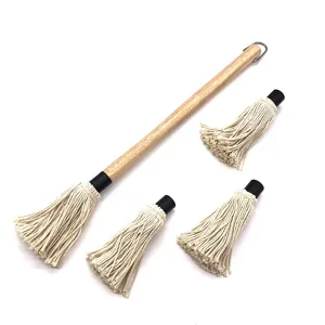 Professional BBQ sauce mop set with long wooden handle and four replaceable cotton brush heads
