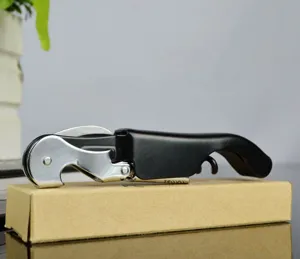 Detailed side view of a professional black and silver waiter's corkscrew wine opener