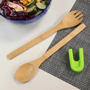 Detailed view of eco-friendly detachable wooden salad tongs and green silicone holder.