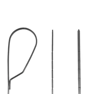 Close-up detail of 61cm black non-stick BBQ skewers showing loop handle and flat tip