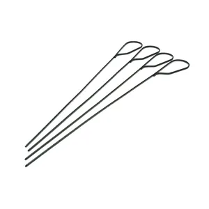 Detailed macro view of four long 61cm black non-stick BBQ skewers with loop handles.