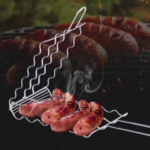 Detailed view of sausages being cooked in a stainless steel BBQ grill basket
