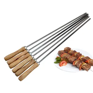 Detailed view of 42cm stainless steel BBQ skewers featuring ergonomic polished wooden handles