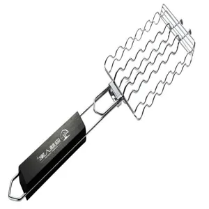 Detail view of a professional stainless steel BBQ grilling basket for sausages and meats