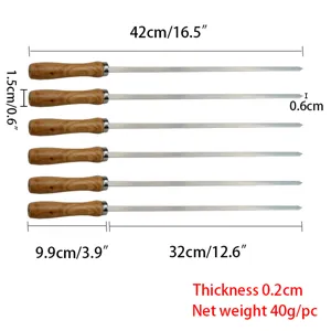 Detail view of 42cm stainless steel BBQ skewers with wooden handles and measurements