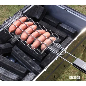 Detailed view of sausages in a metal grill basket over hot charcoal for outdoor BBQ
