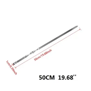 Detailansicht eines 50 cm flachen Grillspießes aus Edelstahl mit Maßangaben in cm und Zoll.