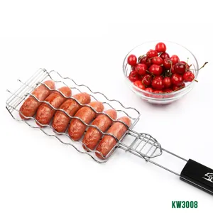 Detailed view of a durable stainless steel BBQ grilling basket with six sausages