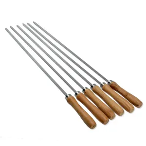 Premium set of 42cm stainless steel flat BBQ skewers with ergonomic wooden handles