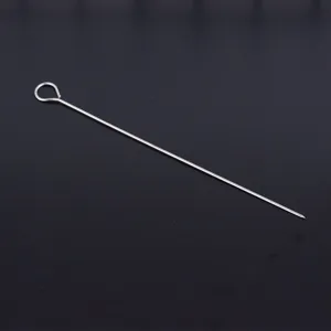 Close-up view of a 30cm long stainless steel BBQ skewer with a round loop handle.