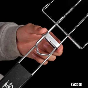 Close-up of sliding locking mechanism on stainless steel sausage grill basket