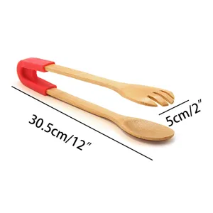 30.5cm bamboo kitchen tongs with red silicone handle for BBQ bread and salad serving