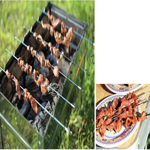 Close-up of 30cm stainless steel skewers grilling meat on a charcoal BBQ grill outdoors