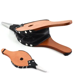 Detailed view of manual wooden bellows for BBQ and fireplace in open and closed states.