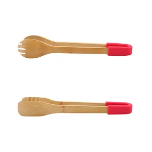 Two bamboo kitchen food tongs with red silicone handles for BBQ and bread serving.