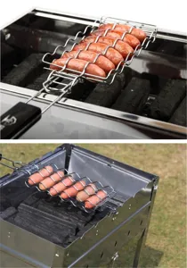 Sausages grilling over charcoal in a durable metal BBQ wire basket in an outdoor setting