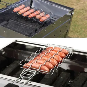 Detailed view of stainless steel sausage grilling rack with sausages over charcoal