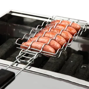 Close-up of stainless steel BBQ grill basket holding six sausages over hot charcoal