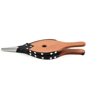 Detailed side view of wooden hand-pressed bellows for BBQ and camping fire starting.